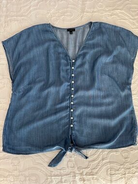 Talbots Light Blue Denim-Look Button Tie-Front Blouse